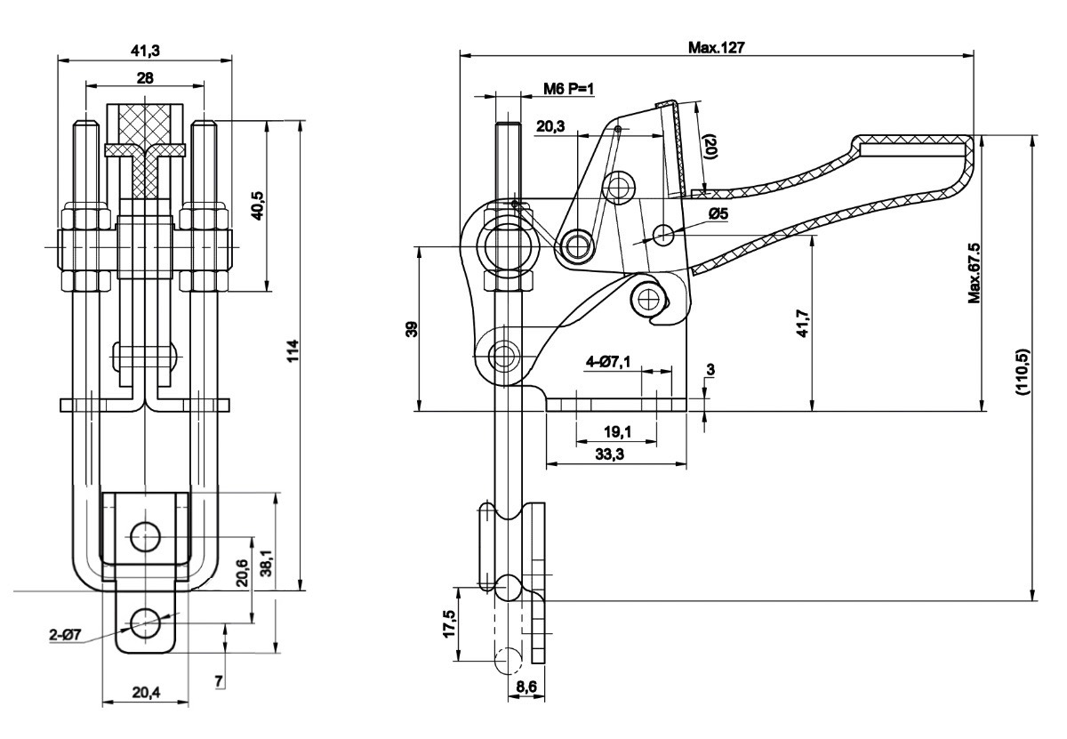 DST-40334-R und DST-40334-RSS Technische Zeichnung Verschlussspanner vertikal mit Verriegelung in Stahl und Edelstahl 4500N