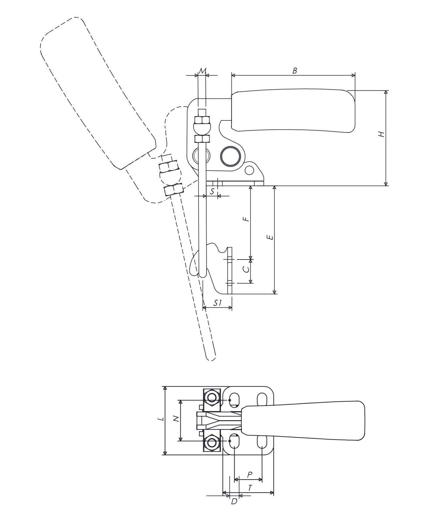 M40D Technical Drawing Hook type toggle clamp with vertical base