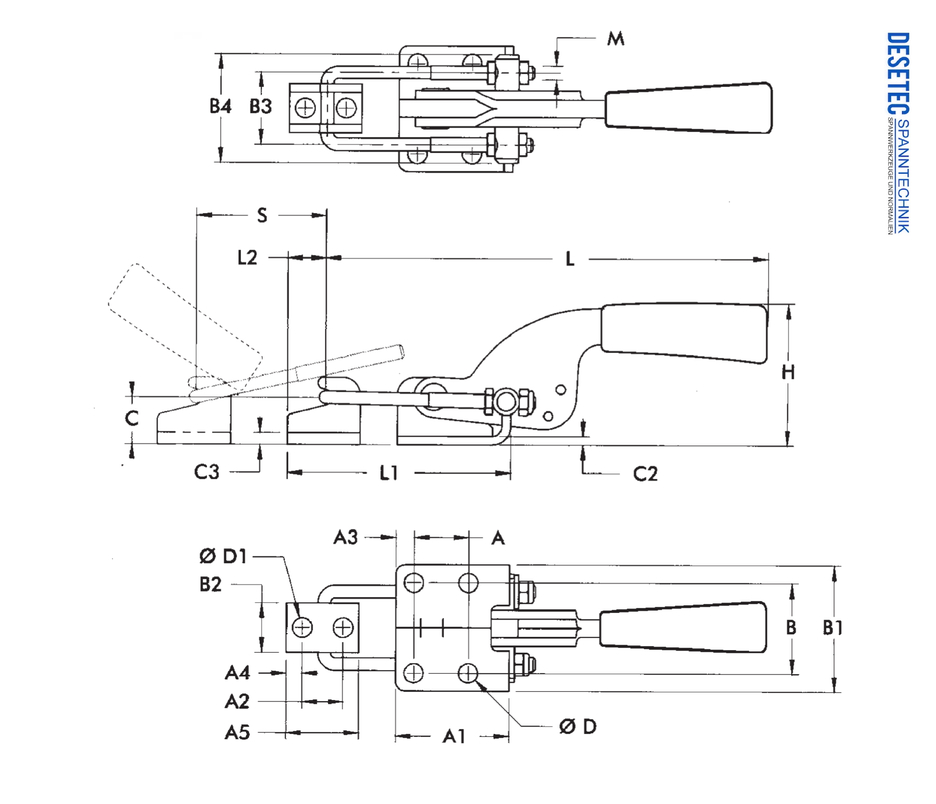 M42 Technical Drawing Hook type toggle clamp with horizontal base