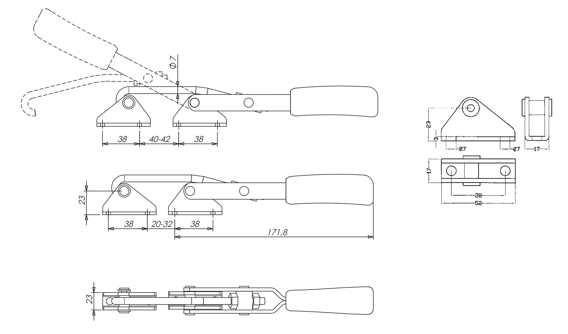 M46K Technical Drawing Hook type toggle clamp for cylindrical mounting surfaces