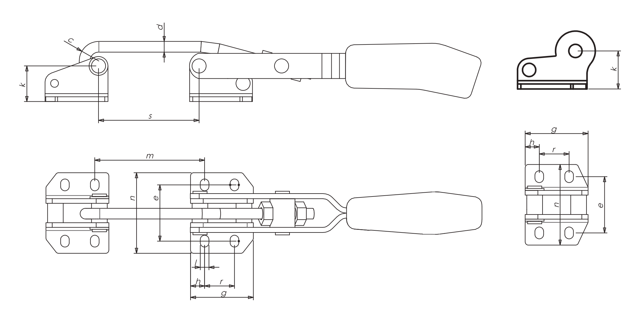 M46S Technical Drawing Hook type toggle clamp with horizontal base and safety latch