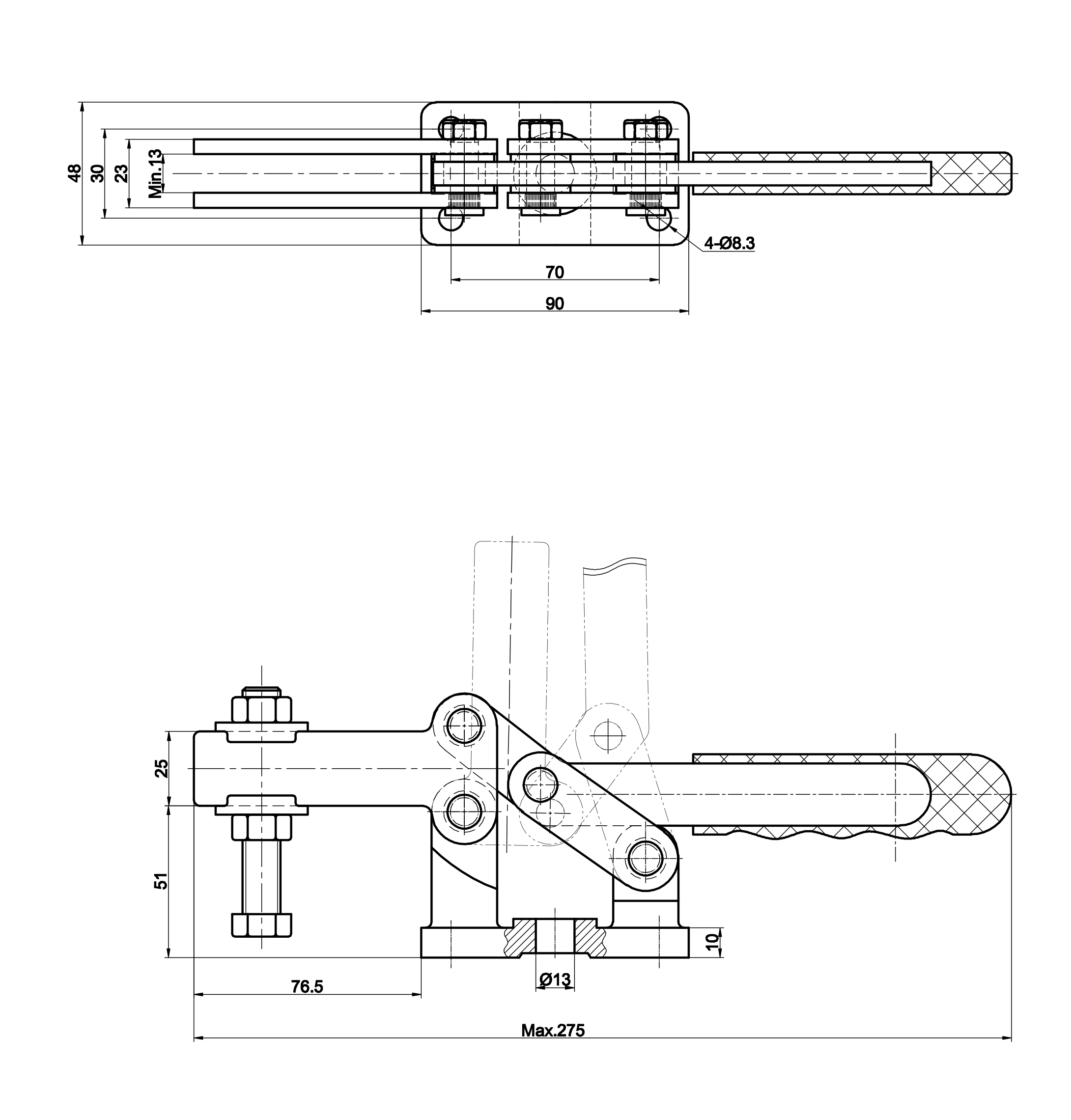 204-G Technische Zeichnung Schnellspanner horizontal schwere Ausfuehrung Basis Gusseisen 6360N