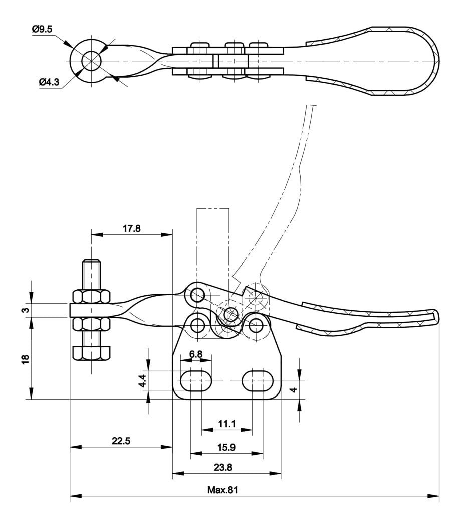 DST-201-AI Datenblatt Waagrechtspanner Horizontalspanner senkrechter Fuss massiver Spannarm 270N