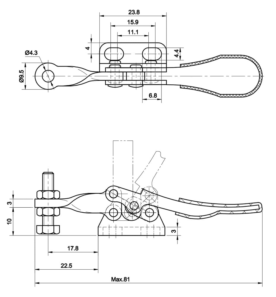 DST-201-AR Datenblatt Waagrechtspanner Horizontalspanner Fuss rechts abgewinkelt 270N