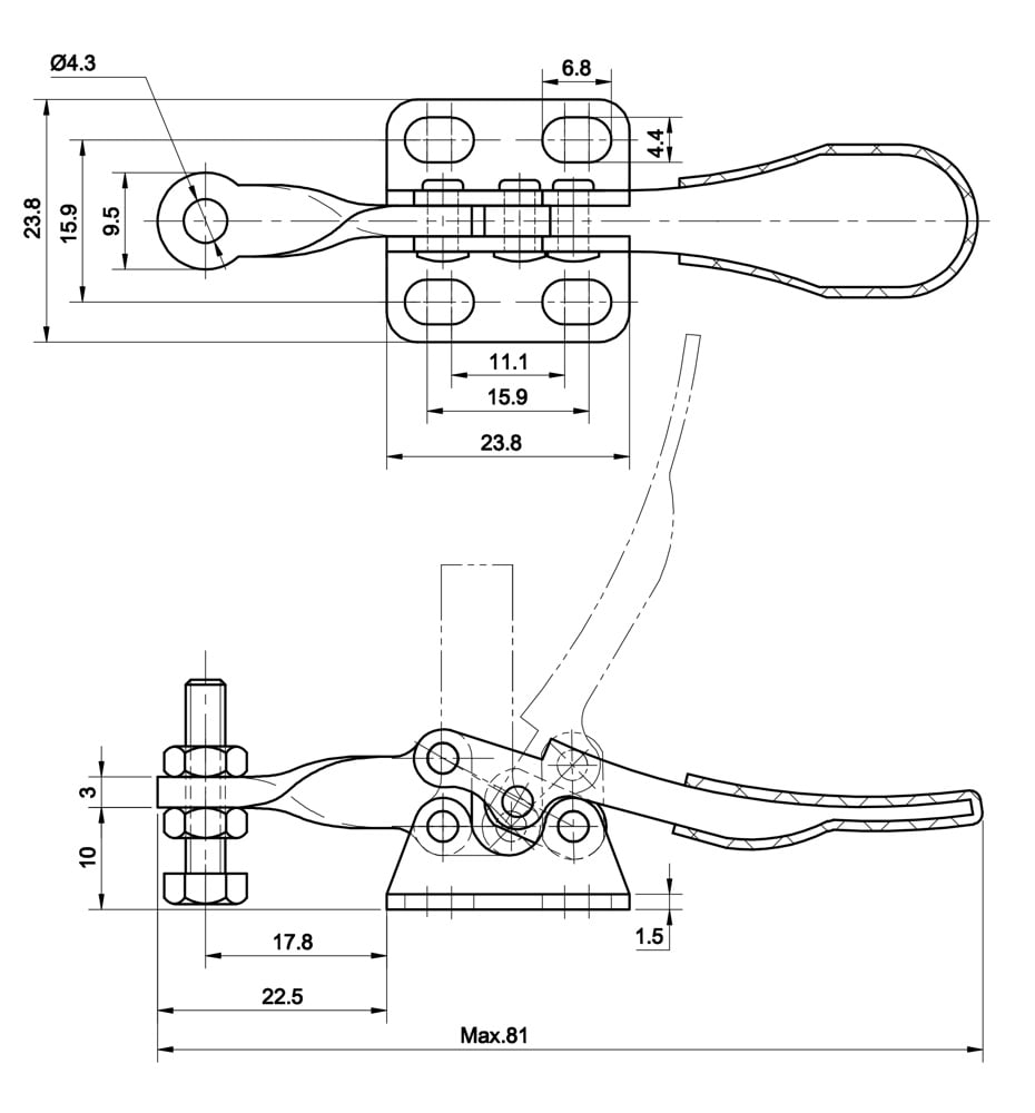 DST-201-ASS Datenblatt Waagrechtspanner Horizontalspanner waagrechter Fuss massiver Spannarm EDELSTAHL 270N