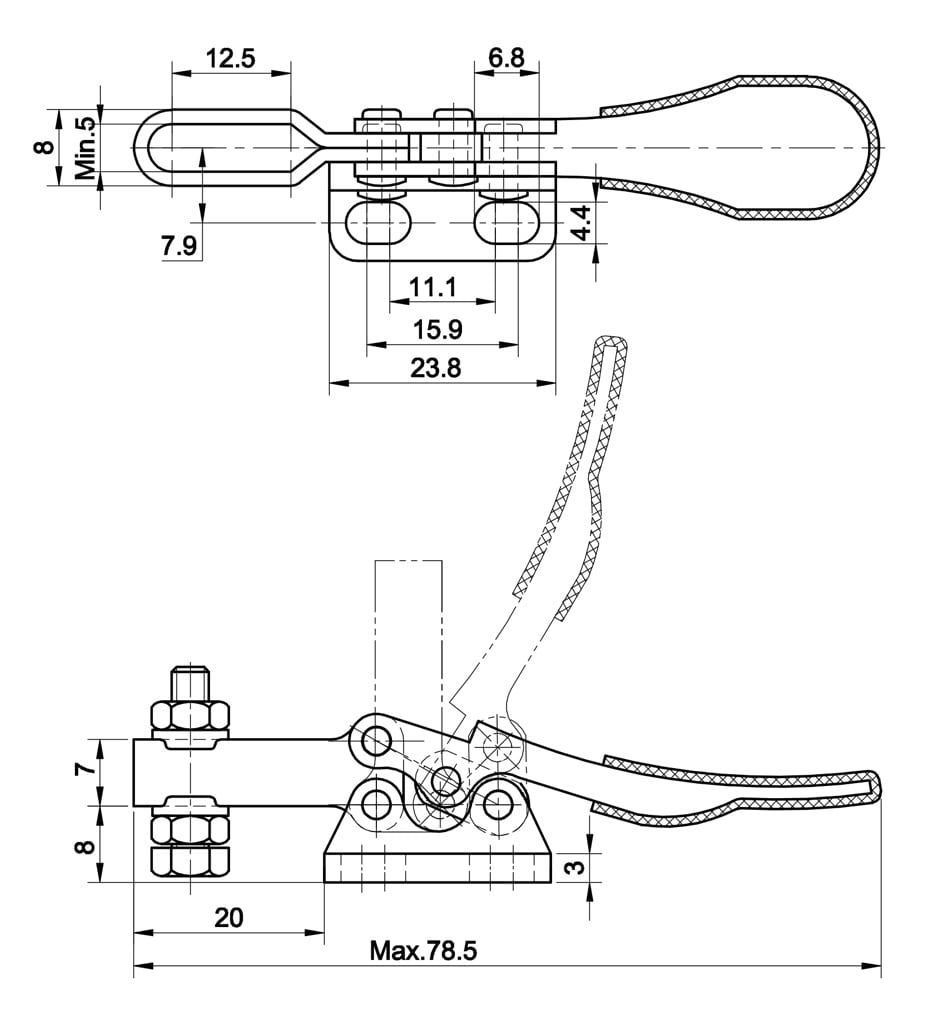 DST-201-L Datenblatt Waagrechtspanner Horizontalspanner U Spannarm Fuss links abgewinkelt