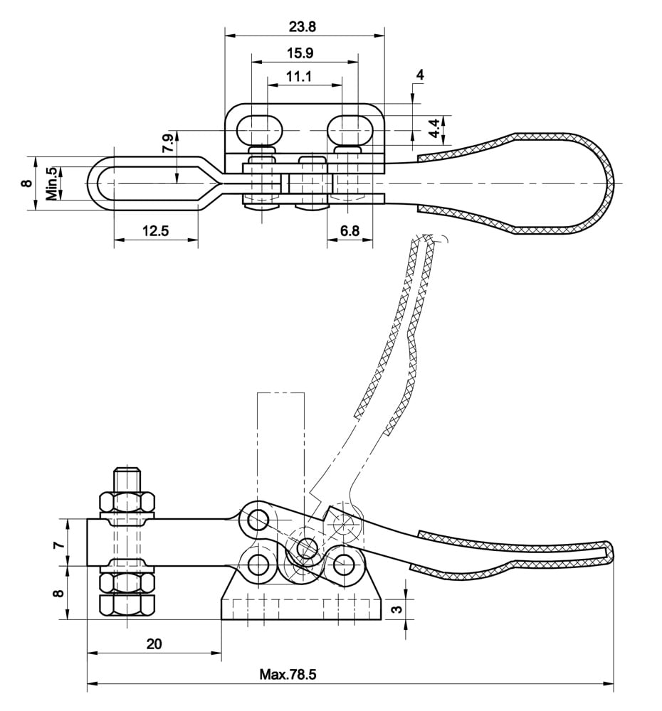 DST-201-R Datenblatt Waagrechtspanner Horizontalspanner U Spannarm Fuss rechts abgewinkelt