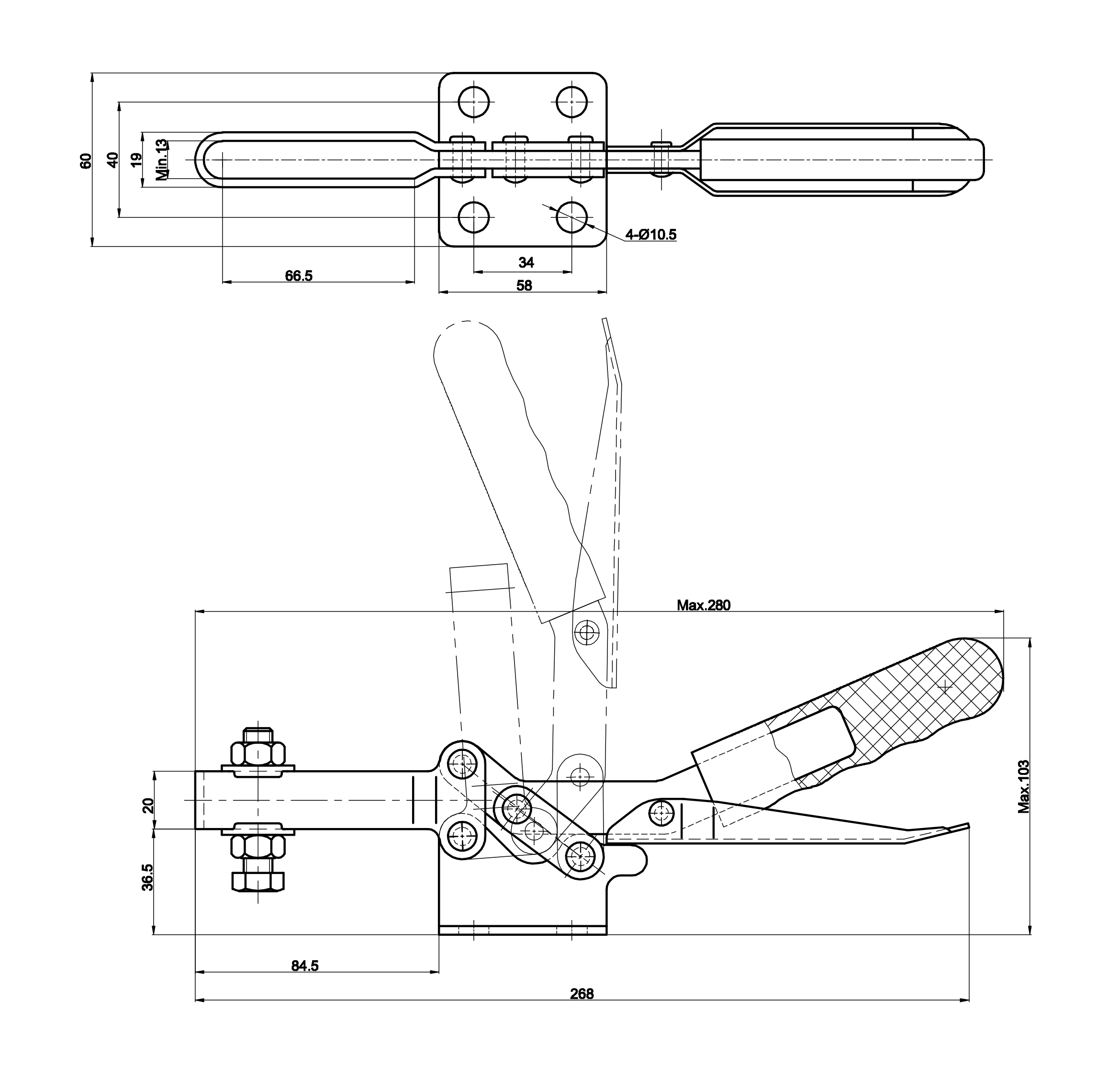 DST-21385 Technische Zeichnung Waagrechtspanner-Horizonalspanner mit waagrechtem Fuss und Schnellösehebel Haltekraft 3000N