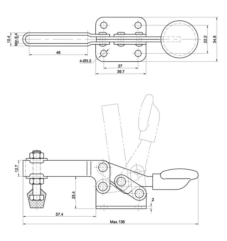 DST-22100 Technische Zeichnung Waagrechtspanner mit waagrechtem Fuss 680N
