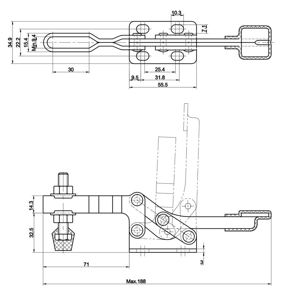 DST-22165 Technische Zeichnung Waagrechtspanner mit waagrechtem Fuss 2500N