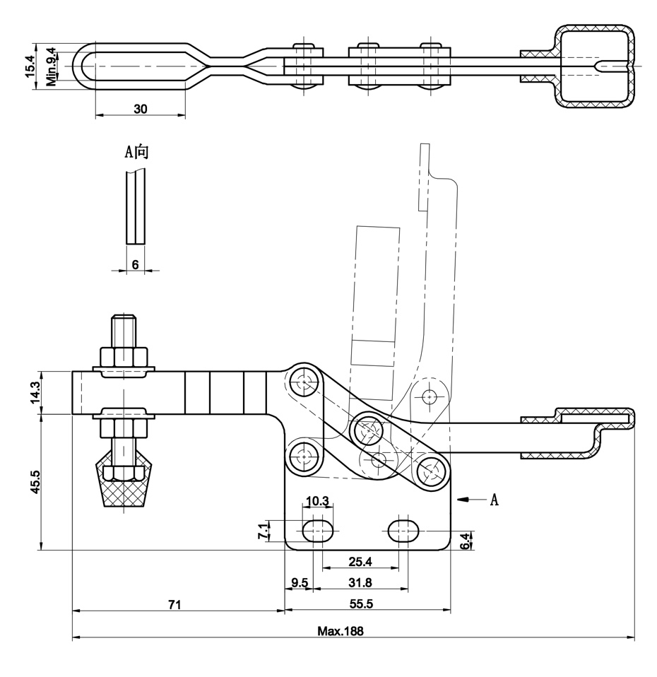 DST-22170 Technische Zeichnung Waagrechtspanner mit senkrechtem Fuss U Spannarm 2500N