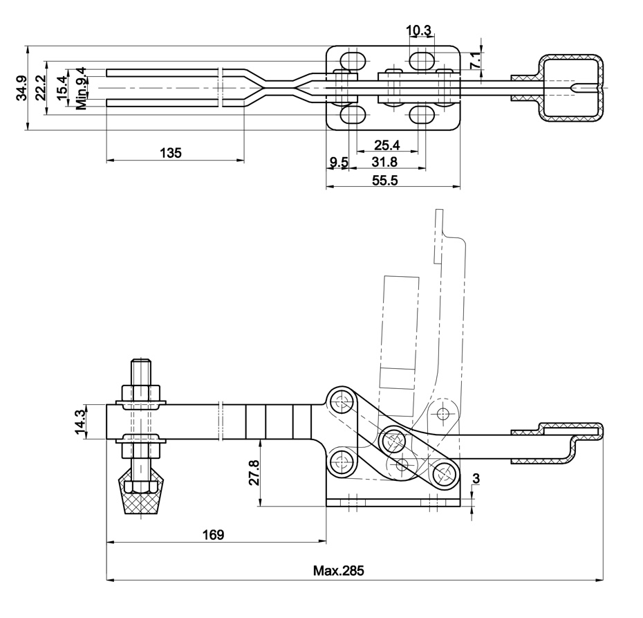 DST-22185 Technische Zeichnung Waagrechtspanner mit waagrechtem Fus langer Spannarm 2500
