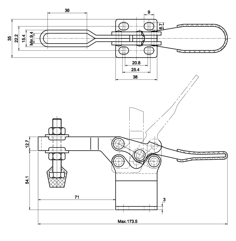 DST-225-DHBSS Datenblatt Waagrechtspanner Horizontalspanner waagrechter Fuss hohe Version EDELSTAHL 2270N
