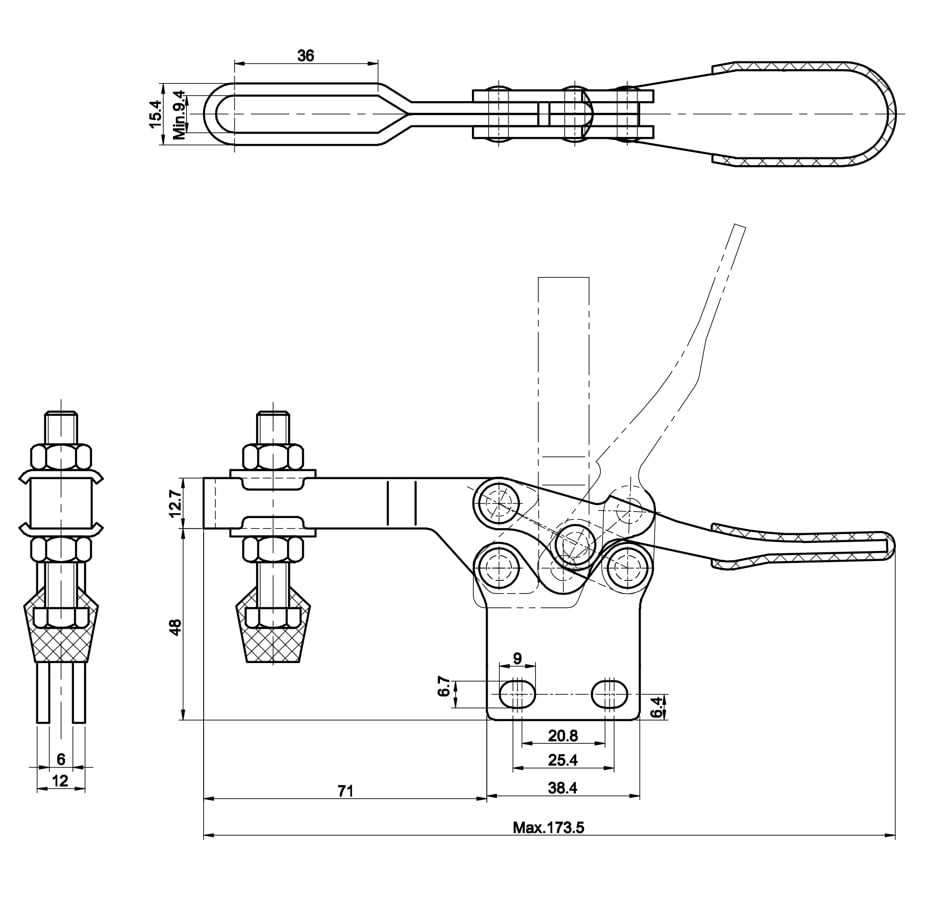 DST-225-DI Datenblatt Waagrechtspanner Horizontalspanner senkrechter Fuss U-Spannarm 2270N